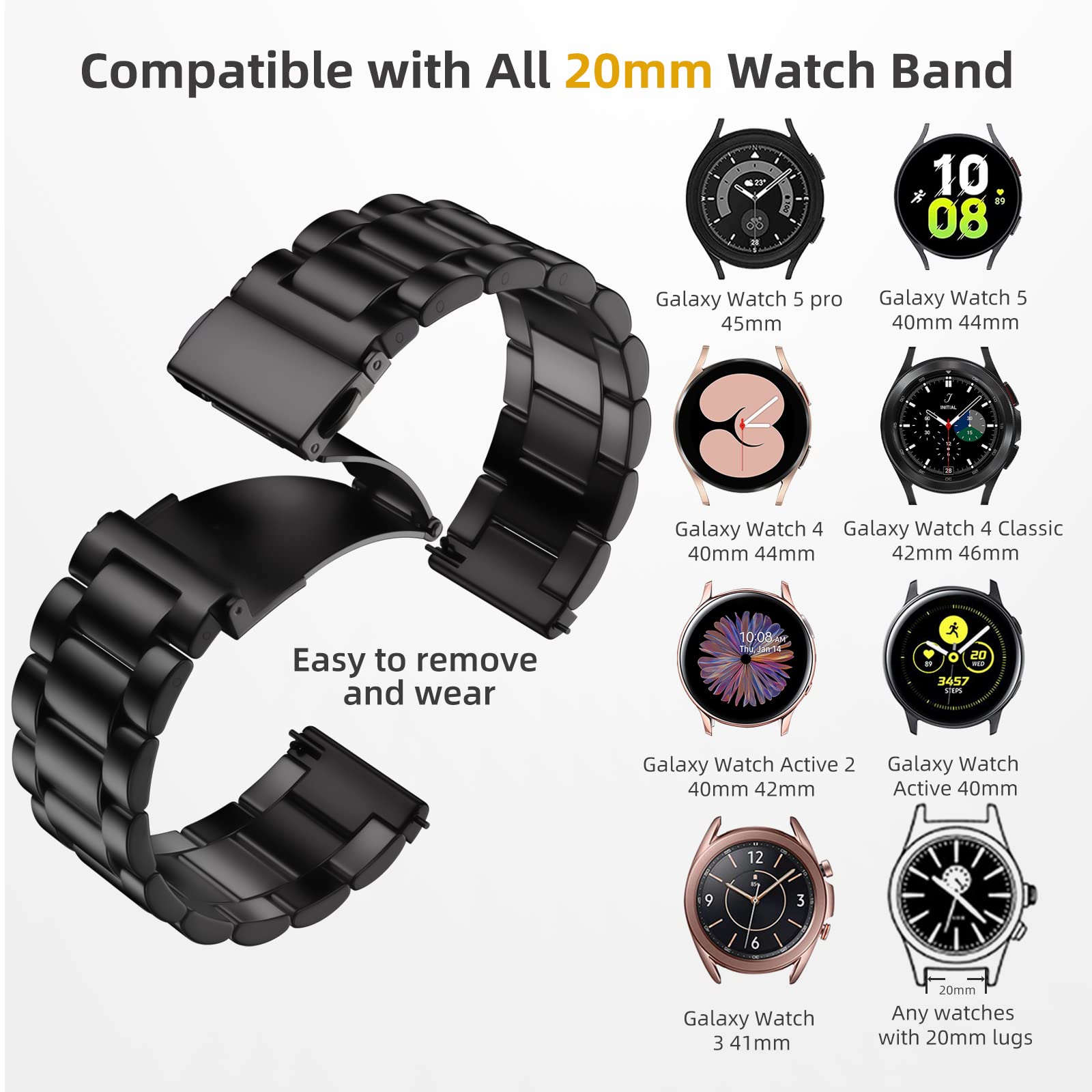 Lerobo Compatible For Samsung Galaxy Watch 6/5/4 Band/Active 2 Watch Bands 40Mm 44Mm,Watch 4 Classic Band 46Mm 42Mm/Galaxy Watch 3 Band 41Mm,20Mm Stainless Steel Metal Replacement For Men Women